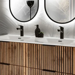 Garnero Arredamenti Mobile bagno sospeso 120cm cm con 2 lavabi da incasso, 2 specchi e colonna quercia antracite Limpid Clearance