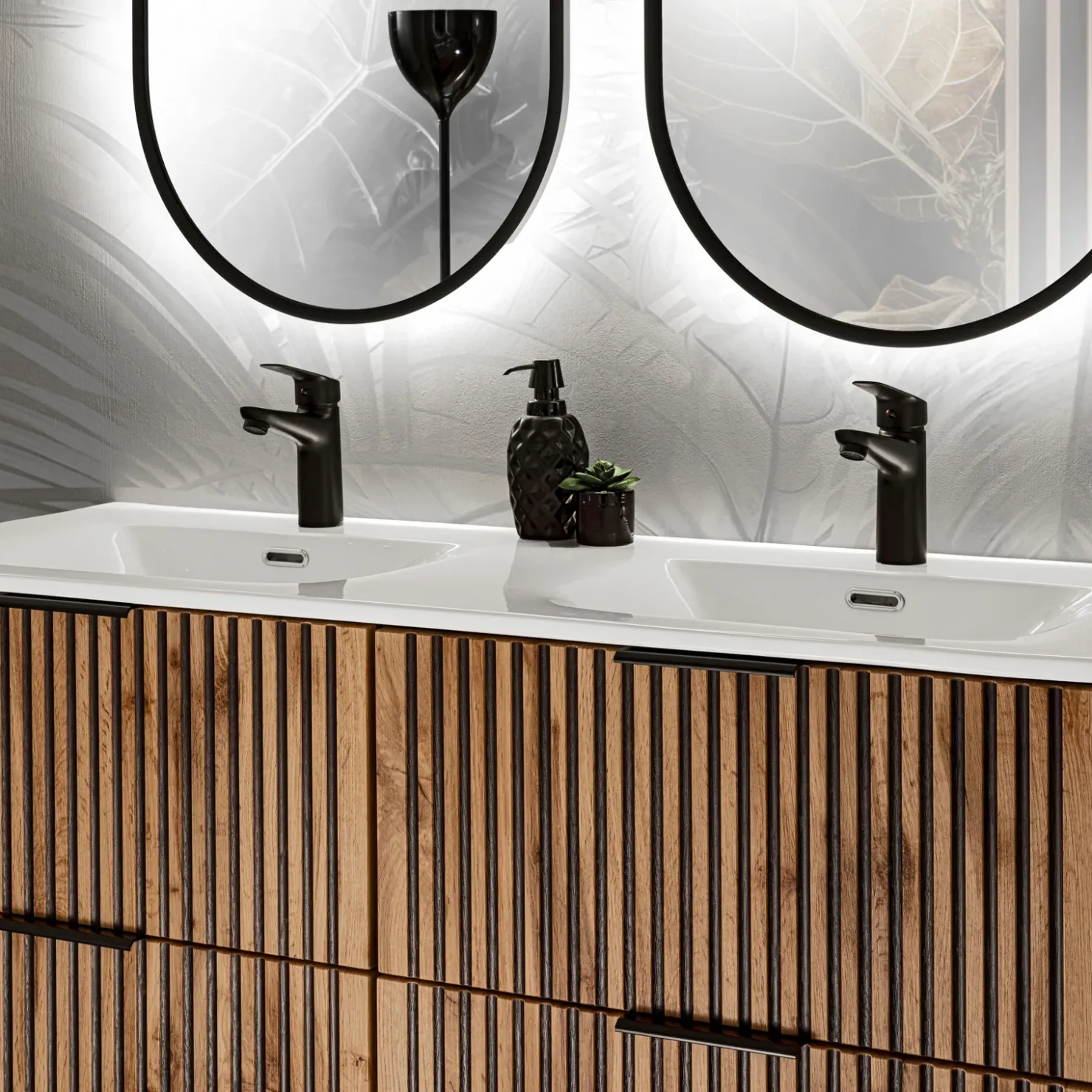 Garnero Arredamenti Mobile bagno sospeso 120cm cm con 2 lavabi da incasso, 2 specchi e colonna quercia antracite Limpid Clearance