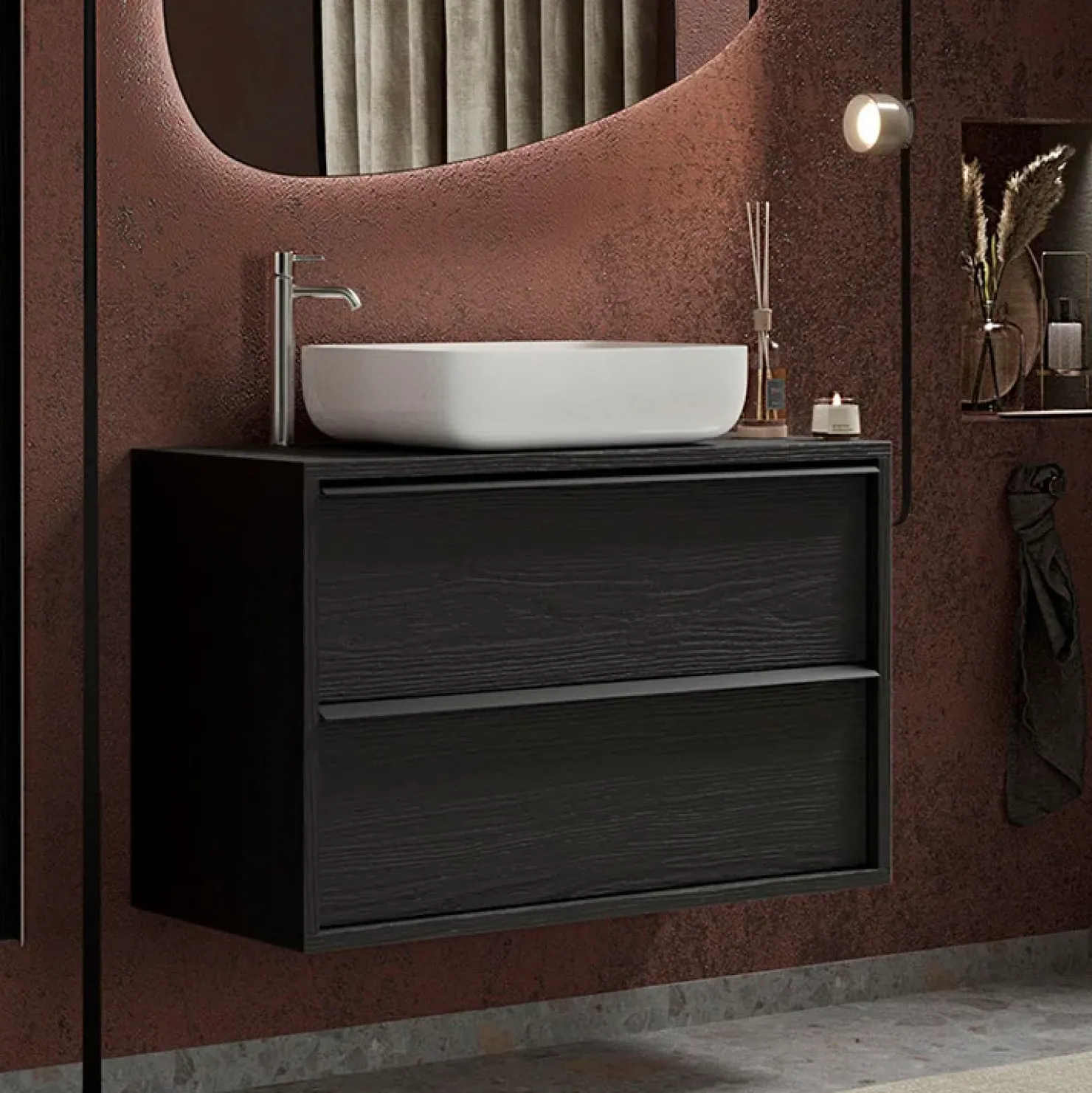Garnero Arredamenti Mobile bagno sospeso 92cm con lavabo e specchio nero frassinato Absolut Best