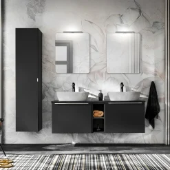 Garnero Arredamenti Mobile bagno sospeso 140cm con 2 lavabi, specchio e colonna nero Serif Discount