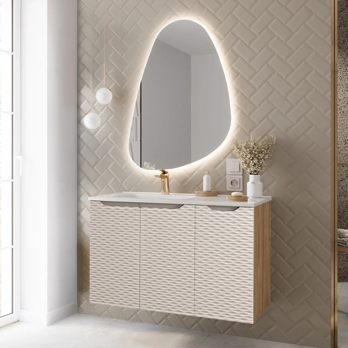 Garnero Arredamenti Mobile bagno sospeso 90cm con lavabo da incasso beige rovere Swim Beige - Rovere Clearance