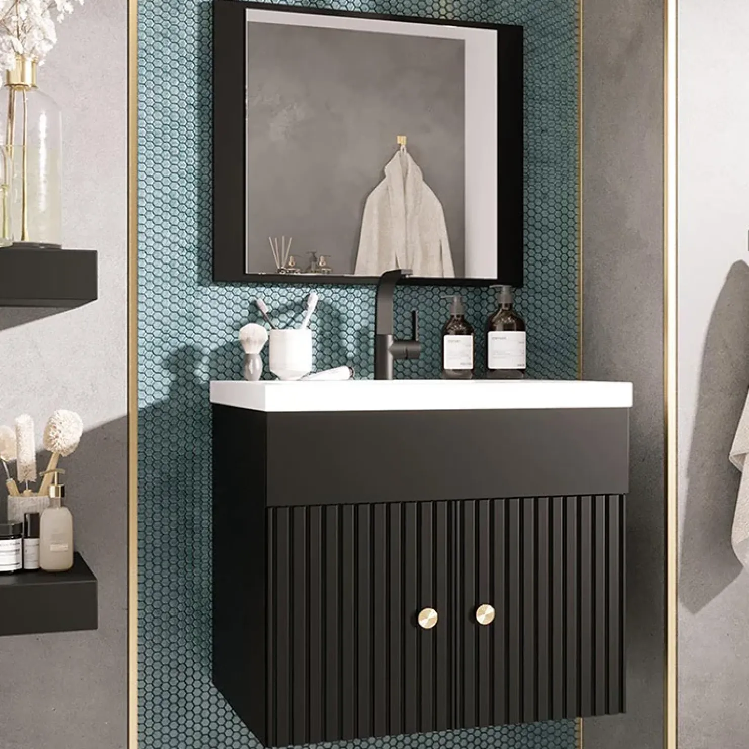 Garnero Arredamenti Mobile bagno sospeso 60cm con specchio serigrafato nero Ischia 5 Nero Lucido Clearance