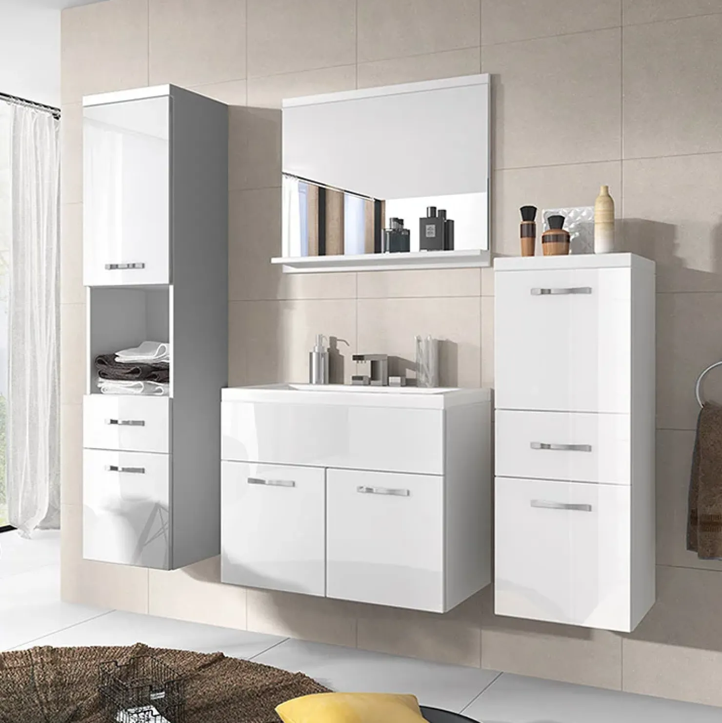 Garnero Arredamenti Mobile bagno sospeso 60cm con lavabo, specchio e colonne Loretta Bianco Lucido New