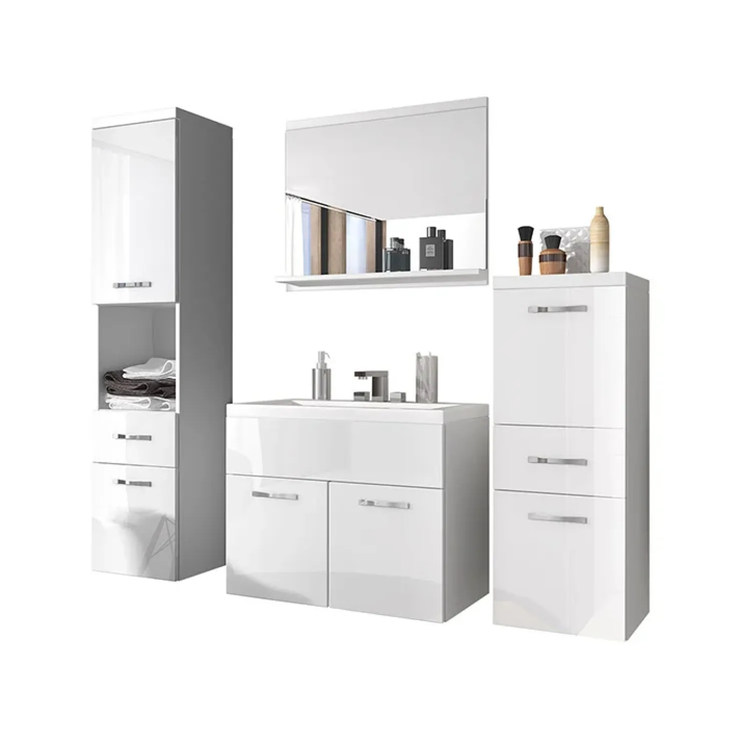 Garnero Arredamenti Mobile bagno sospeso 60cm con lavabo, specchio e colonne Loretta Bianco Lucido New