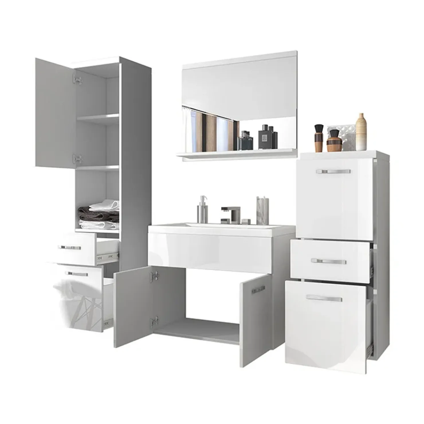 Garnero Arredamenti Mobile bagno sospeso 60cm con lavabo, specchio e colonne Loretta Bianco Lucido New