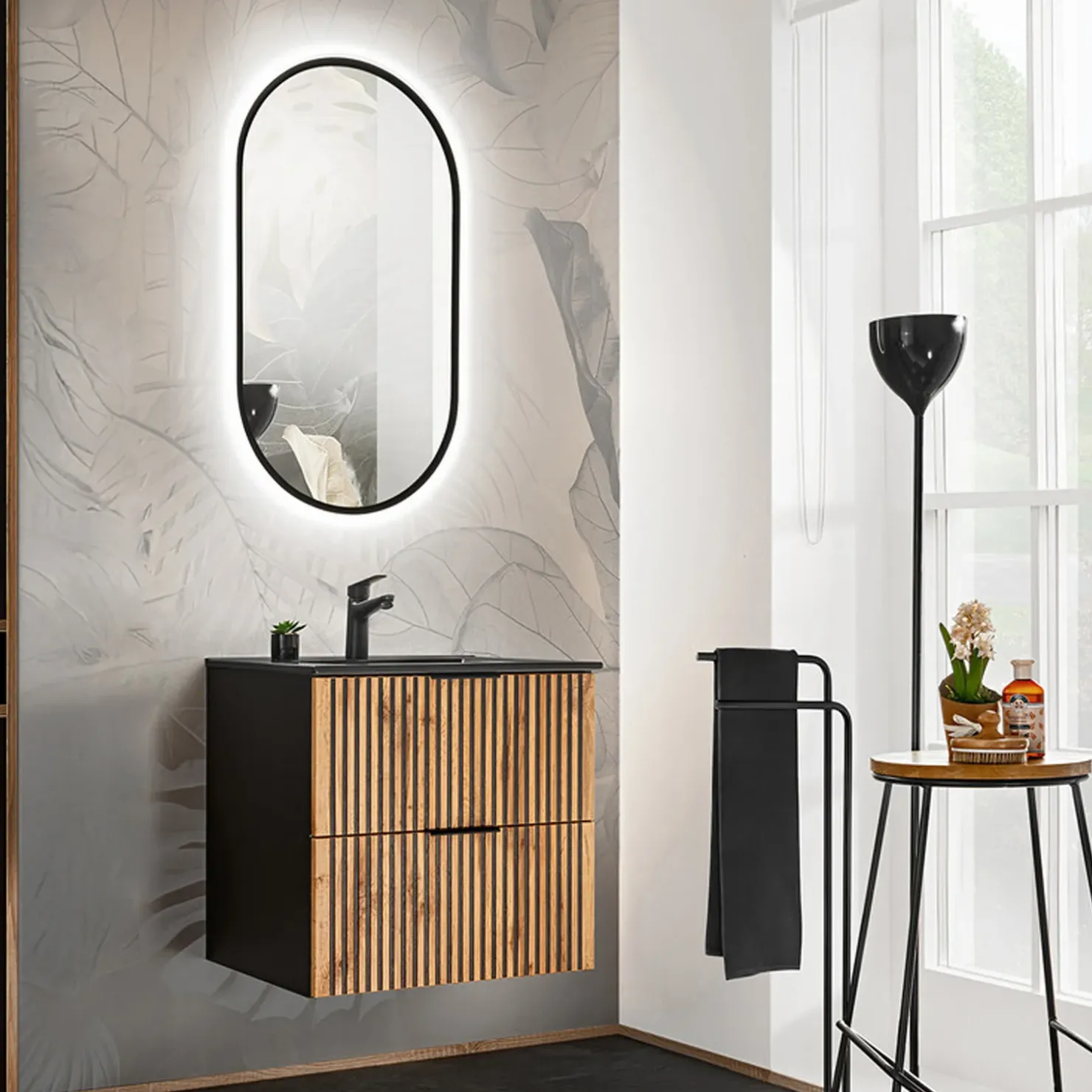 Garnero Arredamenti Mobile bagno sospeso 60cm cm con lavabo nero da incasso quercia antracite Limpid Best