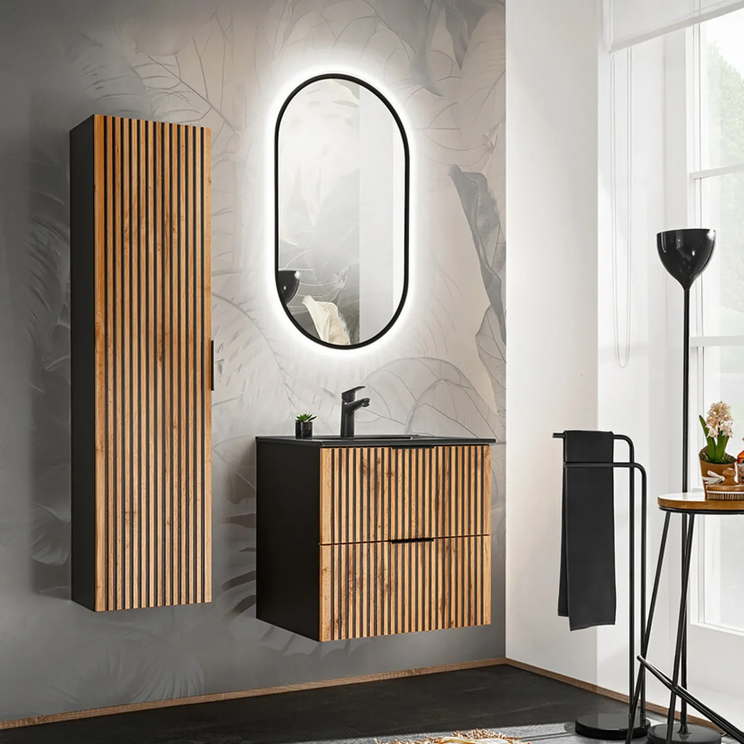 Garnero Arredamenti Mobile bagno sospeso 60cm cm con lavabo nero da incasso quercia antracite Limpid Best
