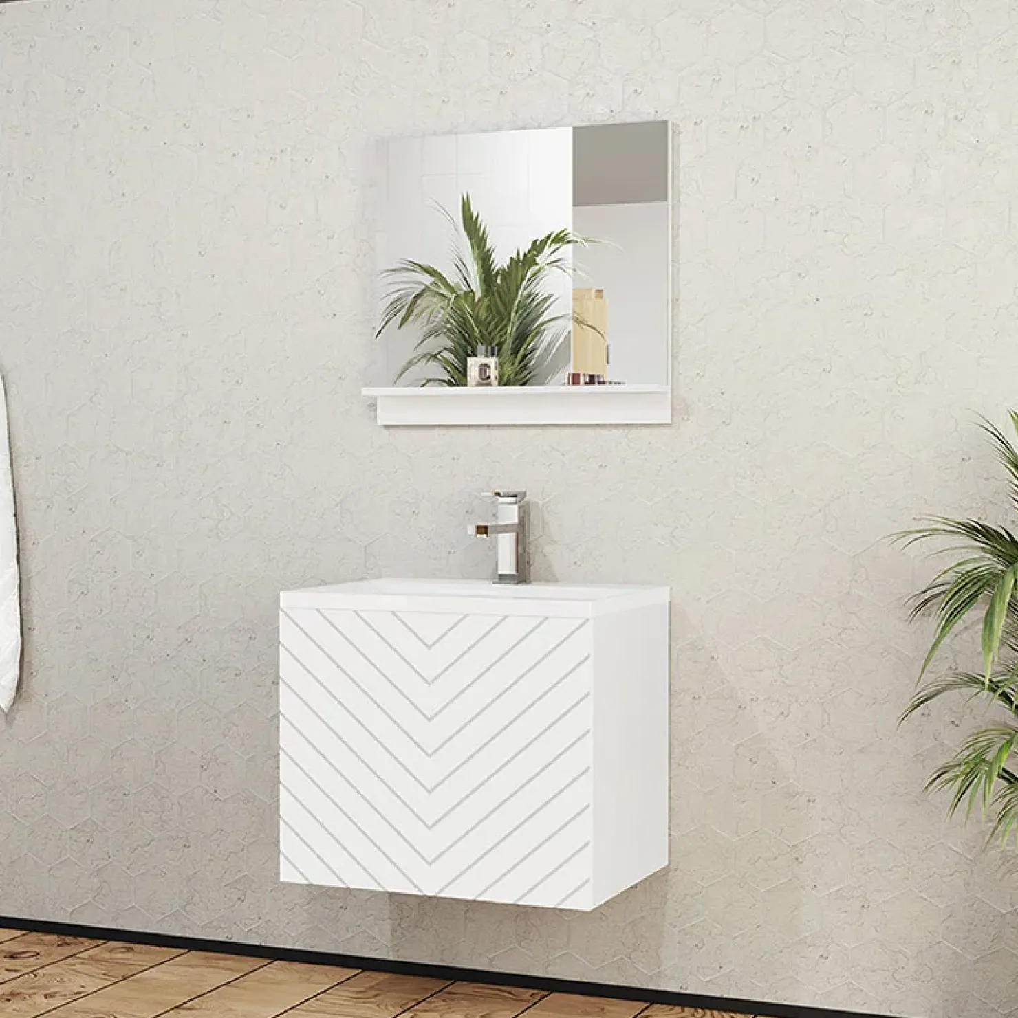 Garnero Arredamenti Mobile bagno sospeso 60cm con lavabo e specchio serigrafato bianco Baden 10 Bianco Lucido New