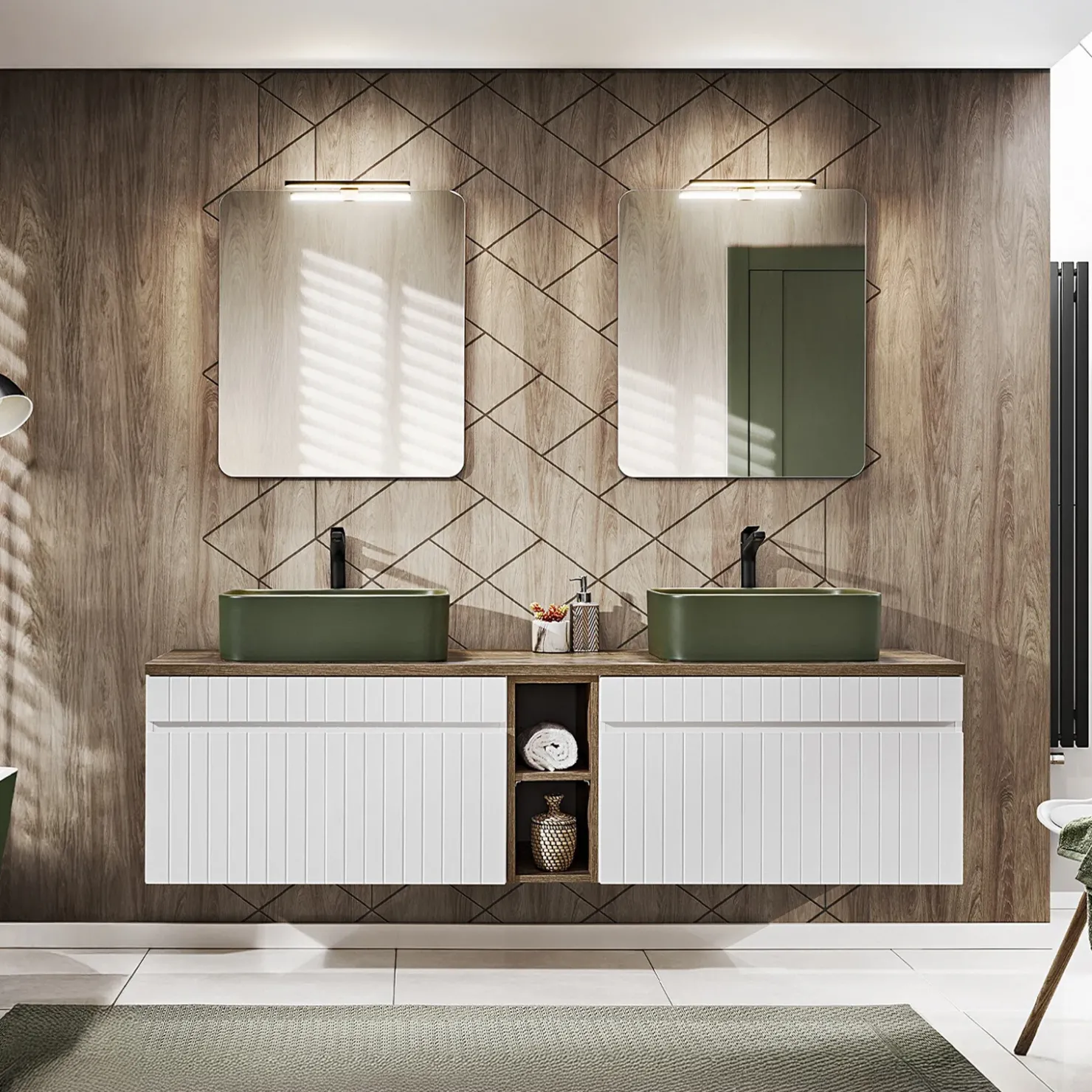 Garnero Arredamenti Mobile bagno sospeso 180cm cannettato 2 cassettoni quercia Autentic Bianco Sale