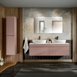 Garnero Arredamenti Mobile bagno sospeso 160cm cannettato con 2 lavabi, colonna e specchio rosa Autentic Discount