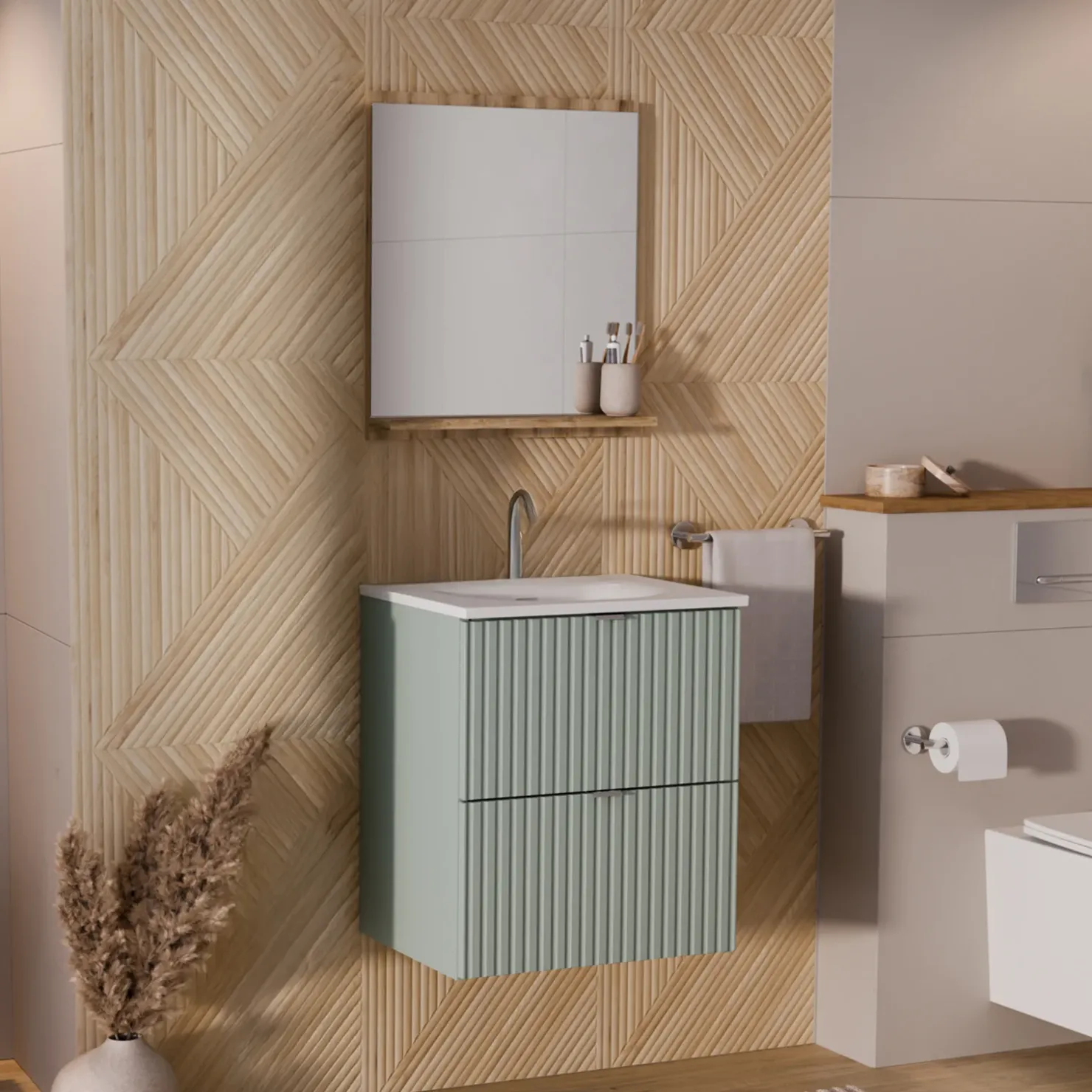 Garnero Arredamenti Mobile bagno sospeso 50cm cannettato con lavabo 2 cassetti verde salvia Greeny Hot