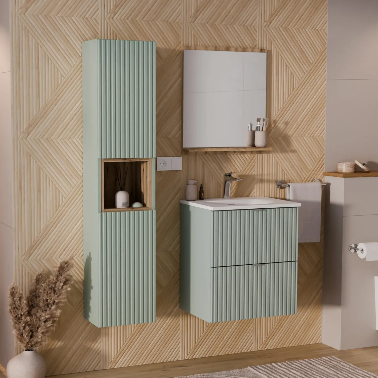 Garnero Arredamenti Mobile bagno sospeso 50cm cannettato con lavabo 2 cassetti verde salvia Greeny Hot
