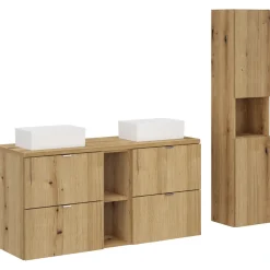 Garnero Arredamenti Mobile bagno sospeso 100cm con 2 lavabi, 4 cassetti e colonna rovere Rovery