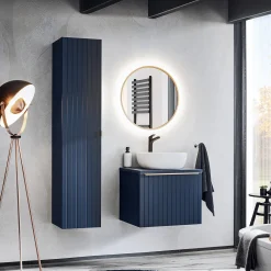 Garnero Arredamenti Mobile bagno sospeso 60cm con lavabo, specchio rotondo e colonna cannettato blu Deep Outlet
