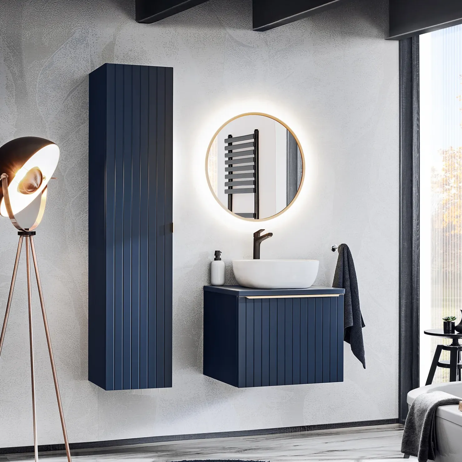 Garnero Arredamenti Mobile bagno sospeso 60cm con lavabo, specchio rotondo e colonna cannettato blu Deep Outlet