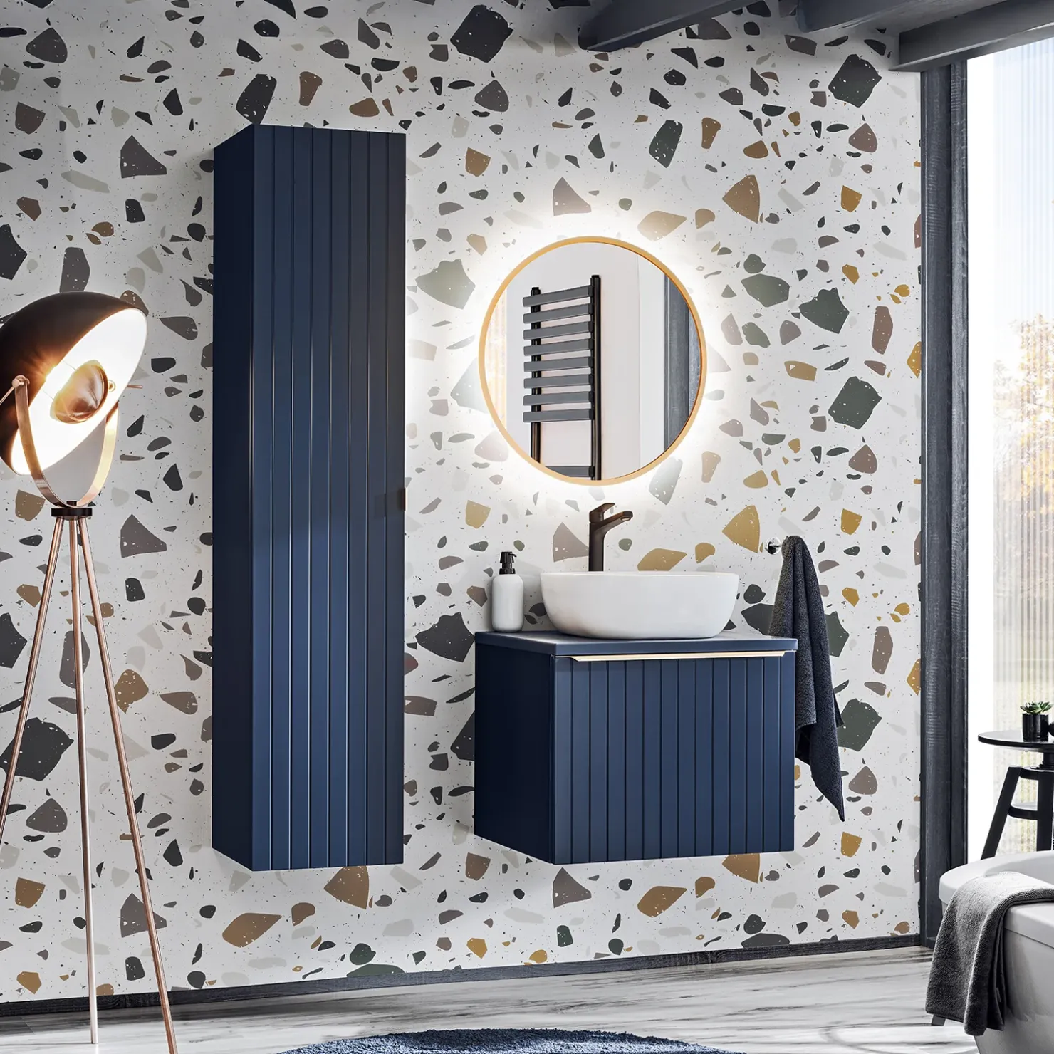 Garnero Arredamenti Mobile bagno sospeso 60cm con lavabo, specchio rotondo e colonna cannettato blu Deep Outlet