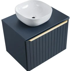 Garnero Arredamenti Mobile bagno sospeso 60cm con lavabo, specchio rotondo e colonna cannettato blu Deep Outlet