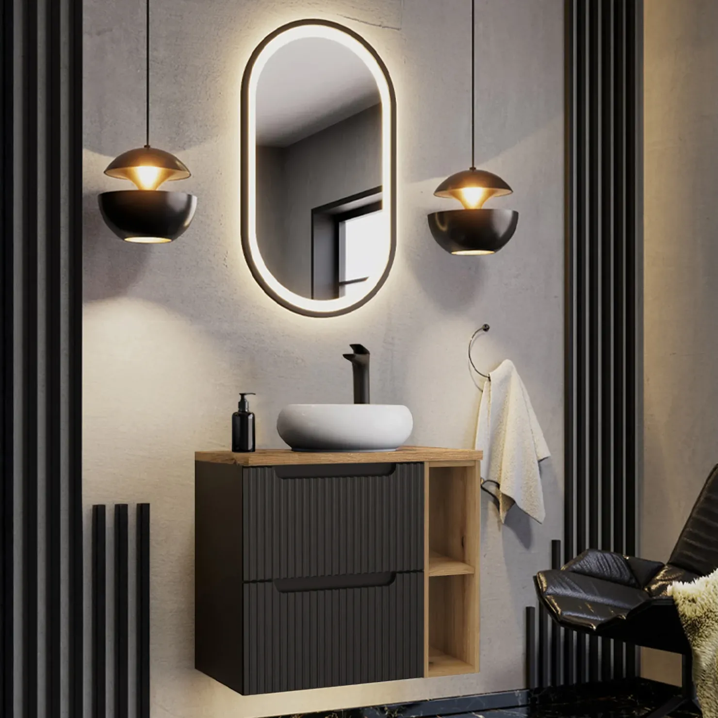 Garnero Arredamenti Mobile bagno sospeso 80cm cannettato 2 cassetti e vani rovere Cleany Nero Hot