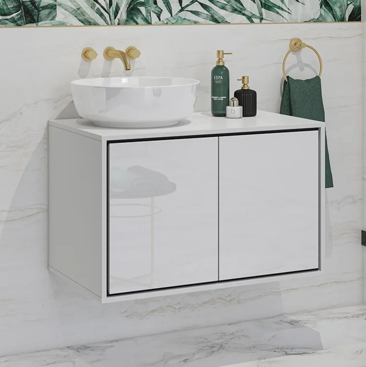 Garnero Arredamenti Mobile bagno sospeso 78cm con specchio e colonna nero Linda Bianco Lucido