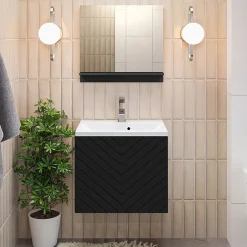 Garnero Arredamenti Mobile bagno sospeso 60cm con lavabo e specchio serigrafato nero Baden 10 Nero Lucido Clearance