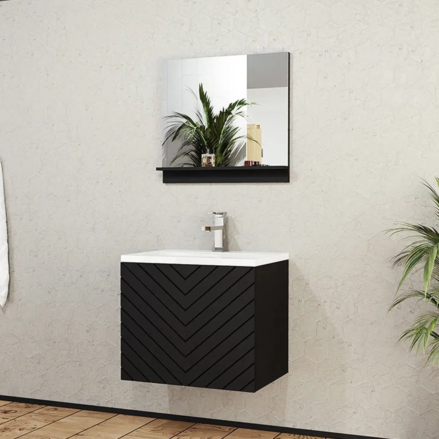 Garnero Arredamenti Mobile bagno sospeso 60cm con lavabo e specchio serigrafato nero Baden 10 Nero Lucido Clearance