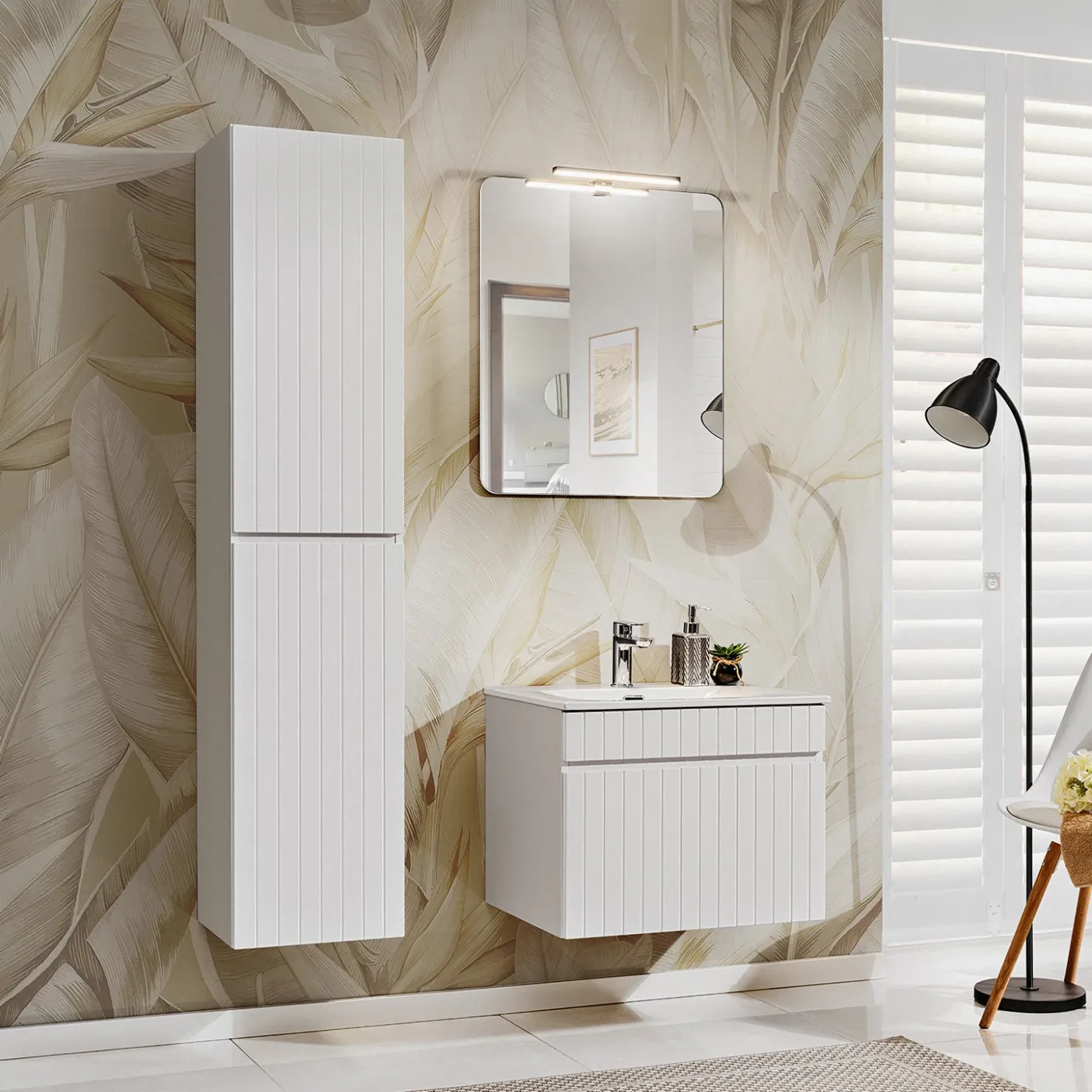 Garnero Arredamenti Mobile bagno sospeso 60cm cannettato con lavabo da incasso, colonna e specchio bianco Autentic Online