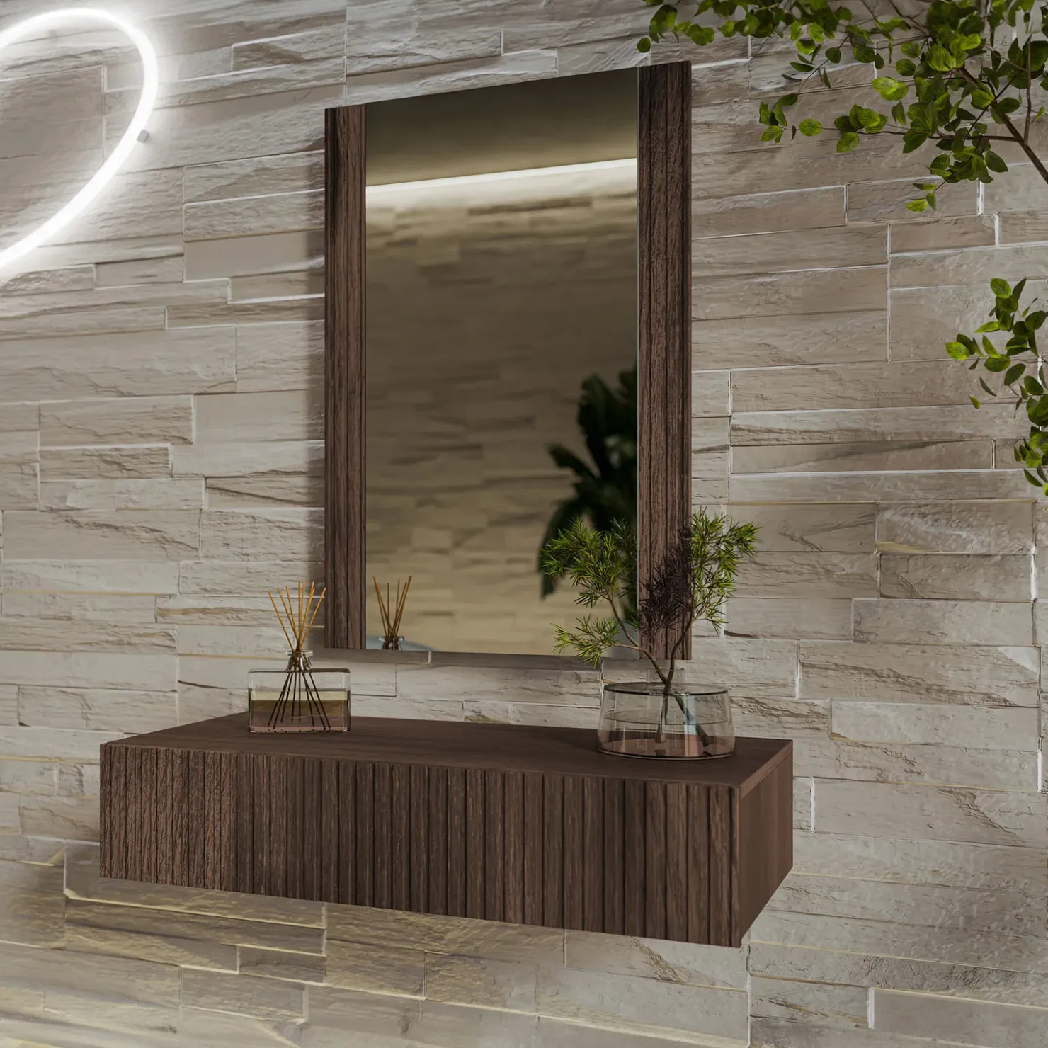 Garnero Arredamenti Mobile ingresso sospeso 80x97h h cm 1 cassetto con specchio noce cannettato Gabiot Outlet