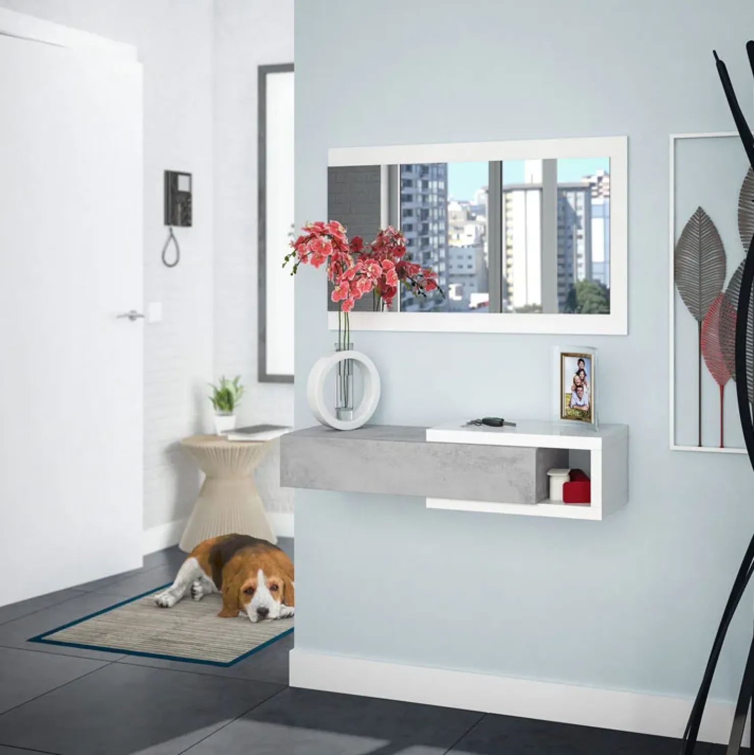 Garnero Arredamenti Mobile ingresso sospeso 95x99h cm con specchio bianco opaco cemento Mercury Hot