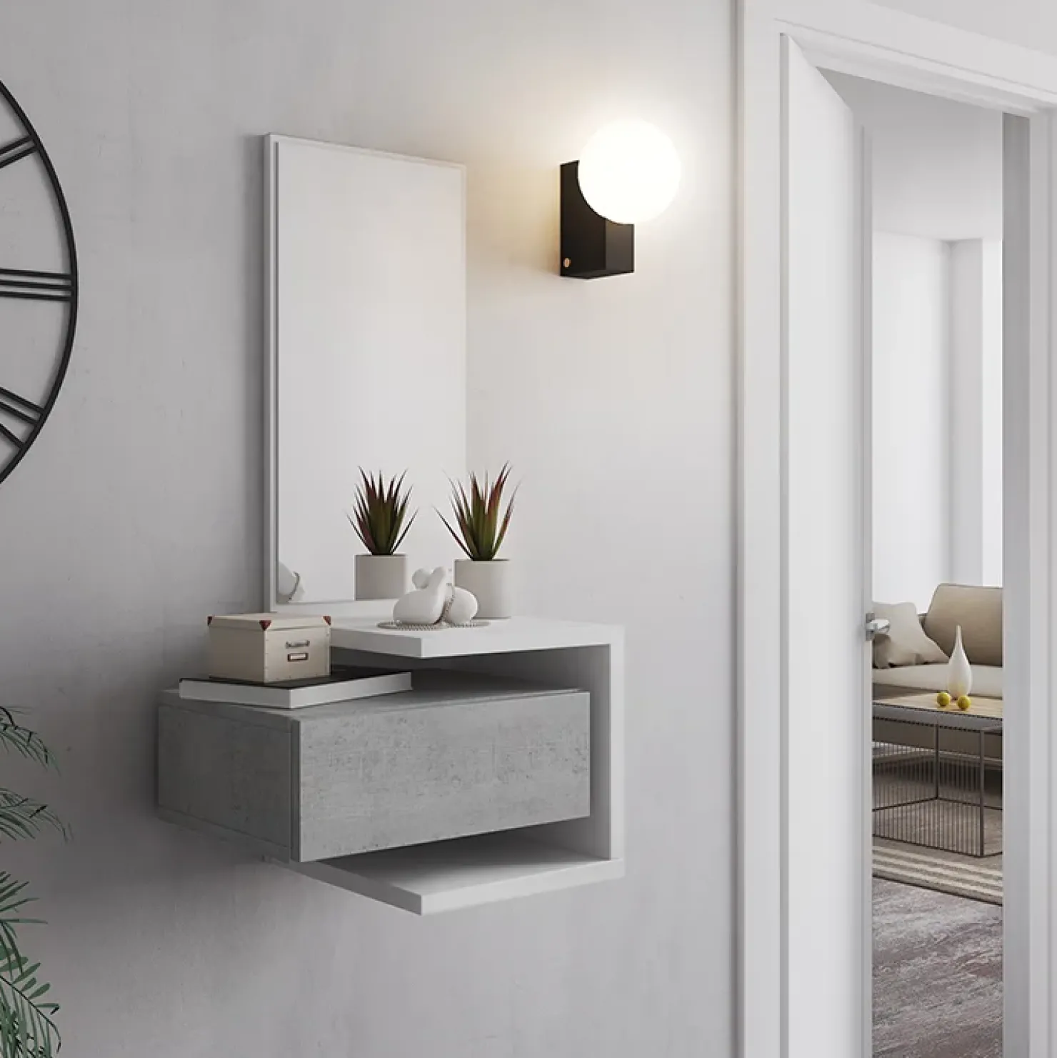 Garnero Arredamenti Mobile ingresso sospeso 43x90h cm bianco frassinato e cemento Cliff Best