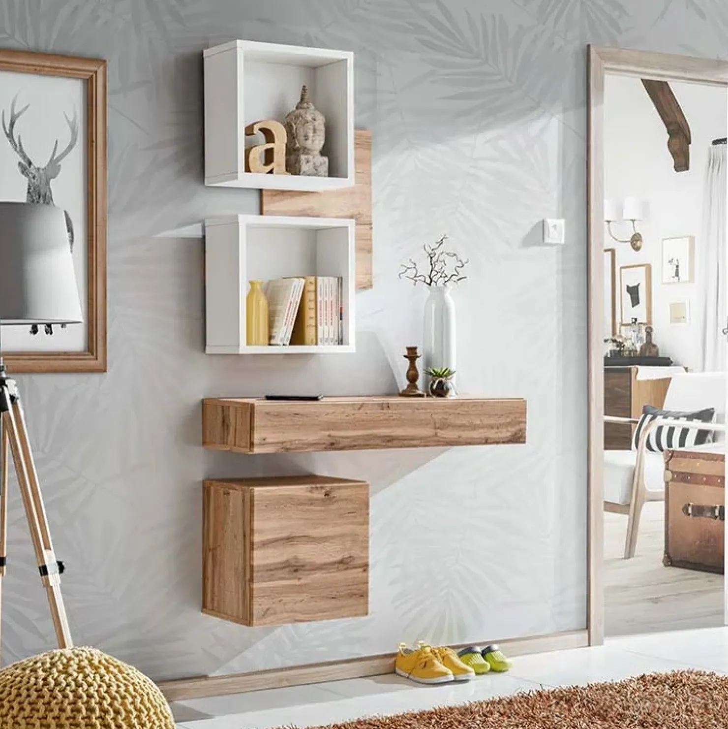 Garnero Arredamenti Mobile ingresso sospeso 100x165h cm rovere opaco bianco Dante 3 Gihome® Online