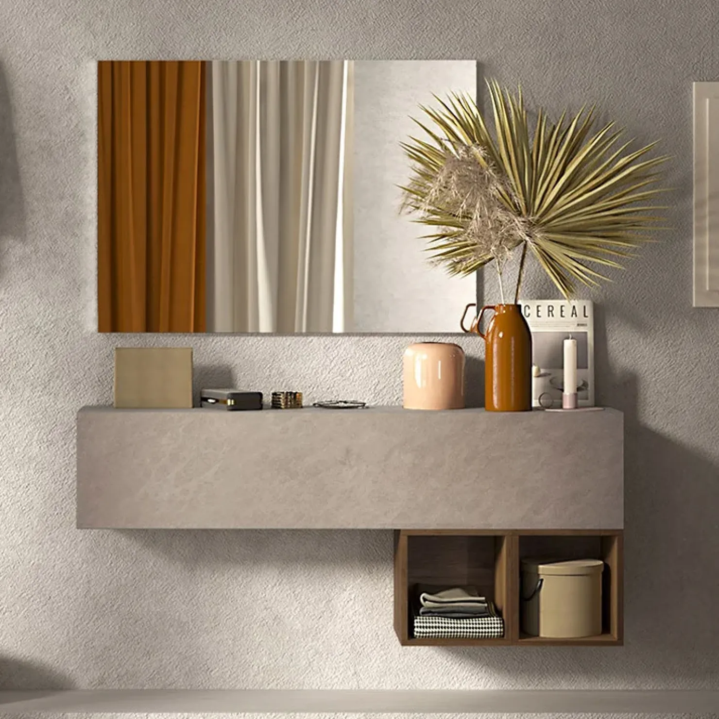 Garnero Arredamenti Mobile ingresso 138x88h cm 1 anta 2 cubi rovere Sunset 55 Tortora Discount