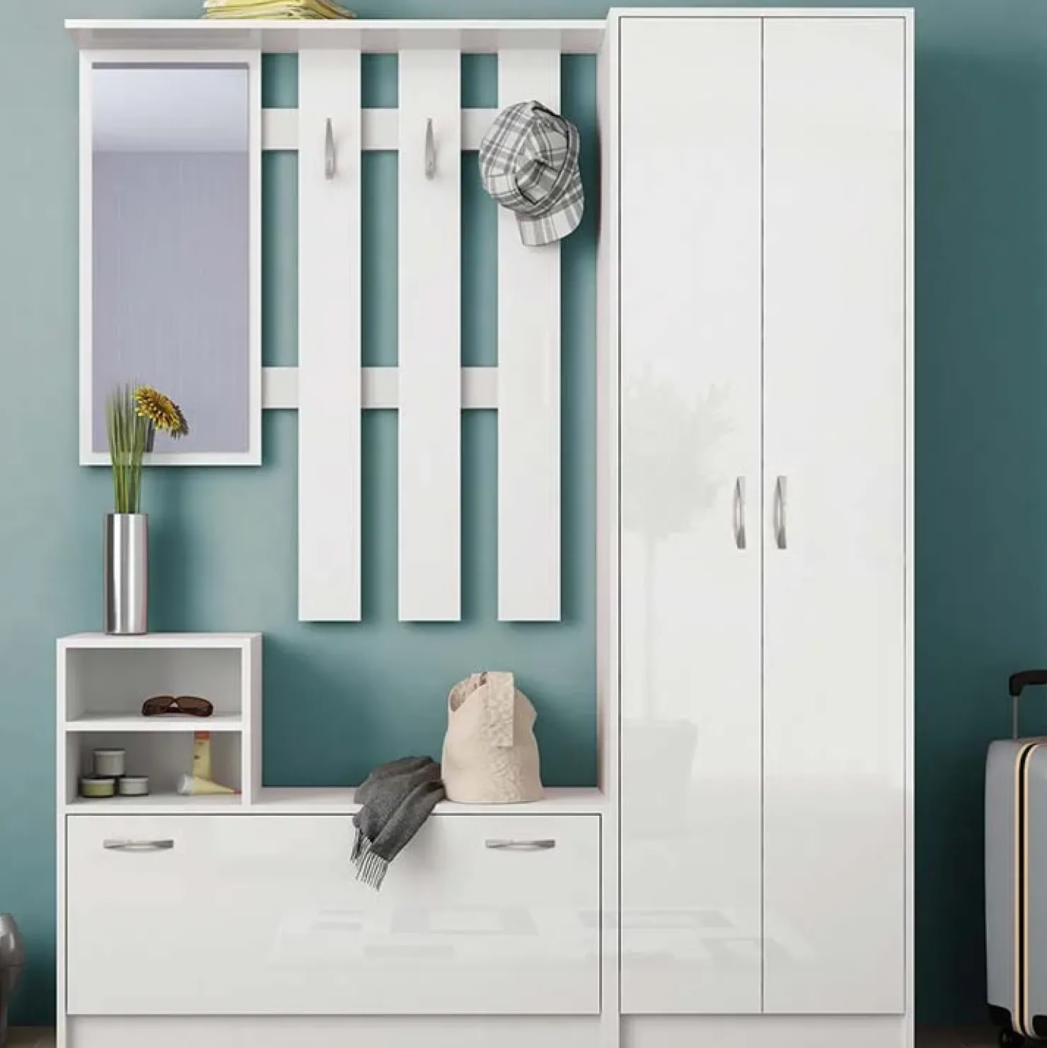 Garnero Arredamenti Mobile ingresso 155x190h cm appendiabiti scarpiera con specchio Atlanta Bianco Lucido Outlet