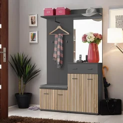 Garnero Arredamenti Mobile ingresso 120x203h cm con specchio rovere antracite stampa a righe San Francisco Gihome® Antracite - Rovere