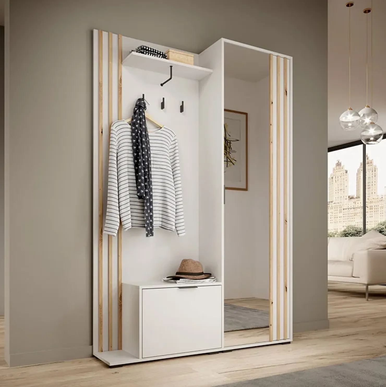 Garnero Arredamenti Mobile ingresso 132x192h cm con specchio moderno quercia bianco Miller Bianco Frassinato Discount