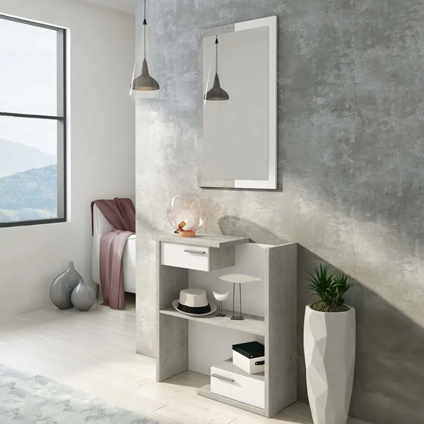 Garnero Arredamenti Mobile ingresso 83x190h cm con specchio cemento bianco frassinato Tesla Best