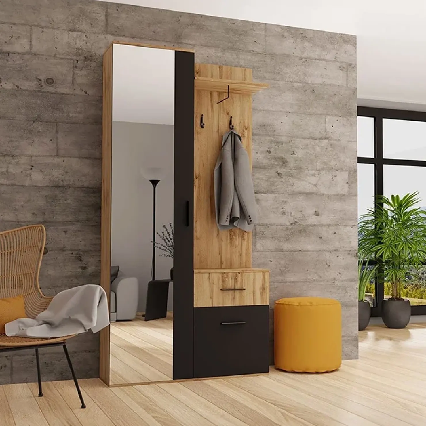 Garnero Arredamenti Mobile ingresso 97x195h cm con specchio 1 cassetto 2 ante rovere nero Assen Best