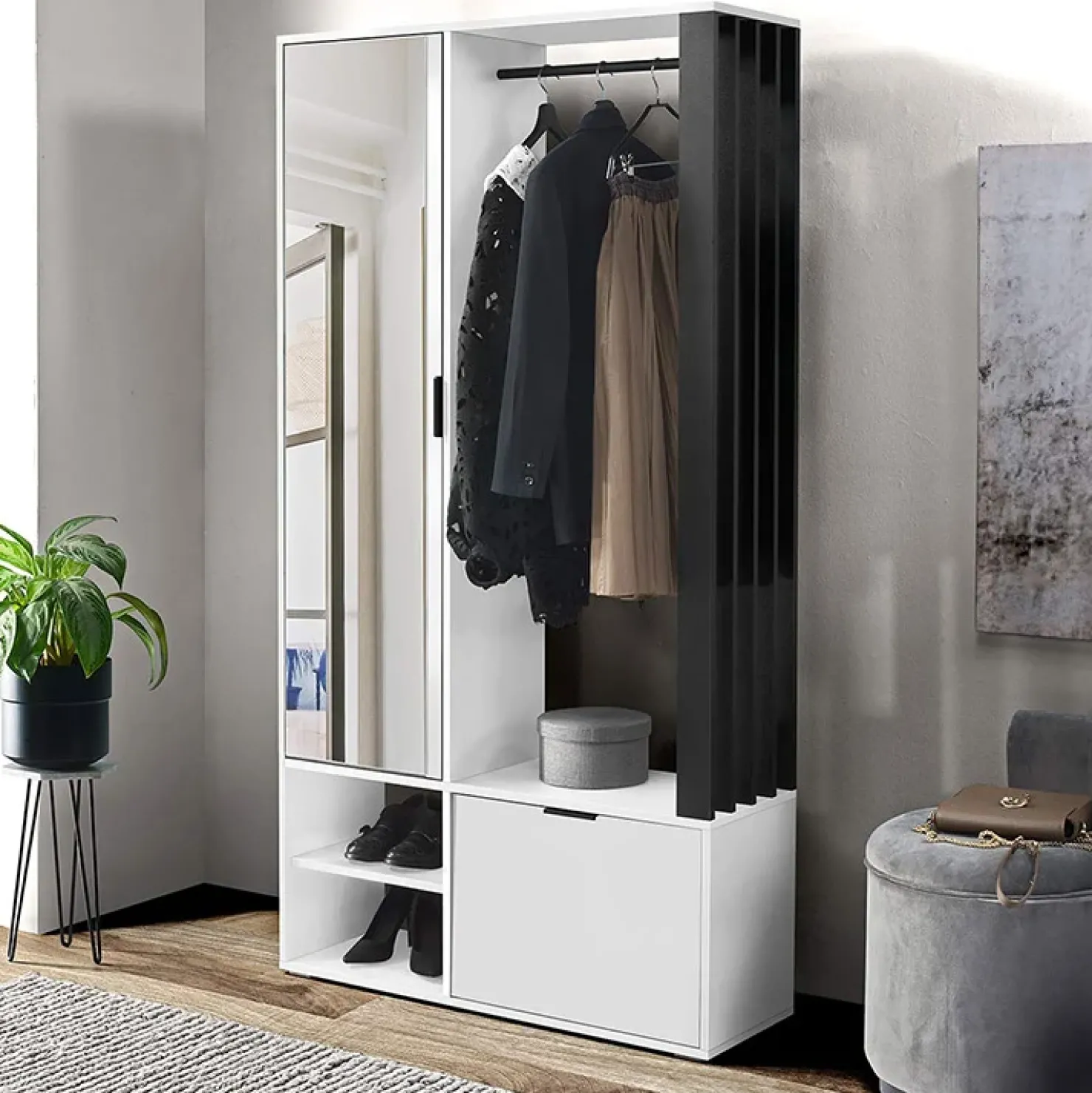 Garnero Arredamenti Mobile ingresso 100x190h cm con specchio bianco nero Umea Bianco Opaco