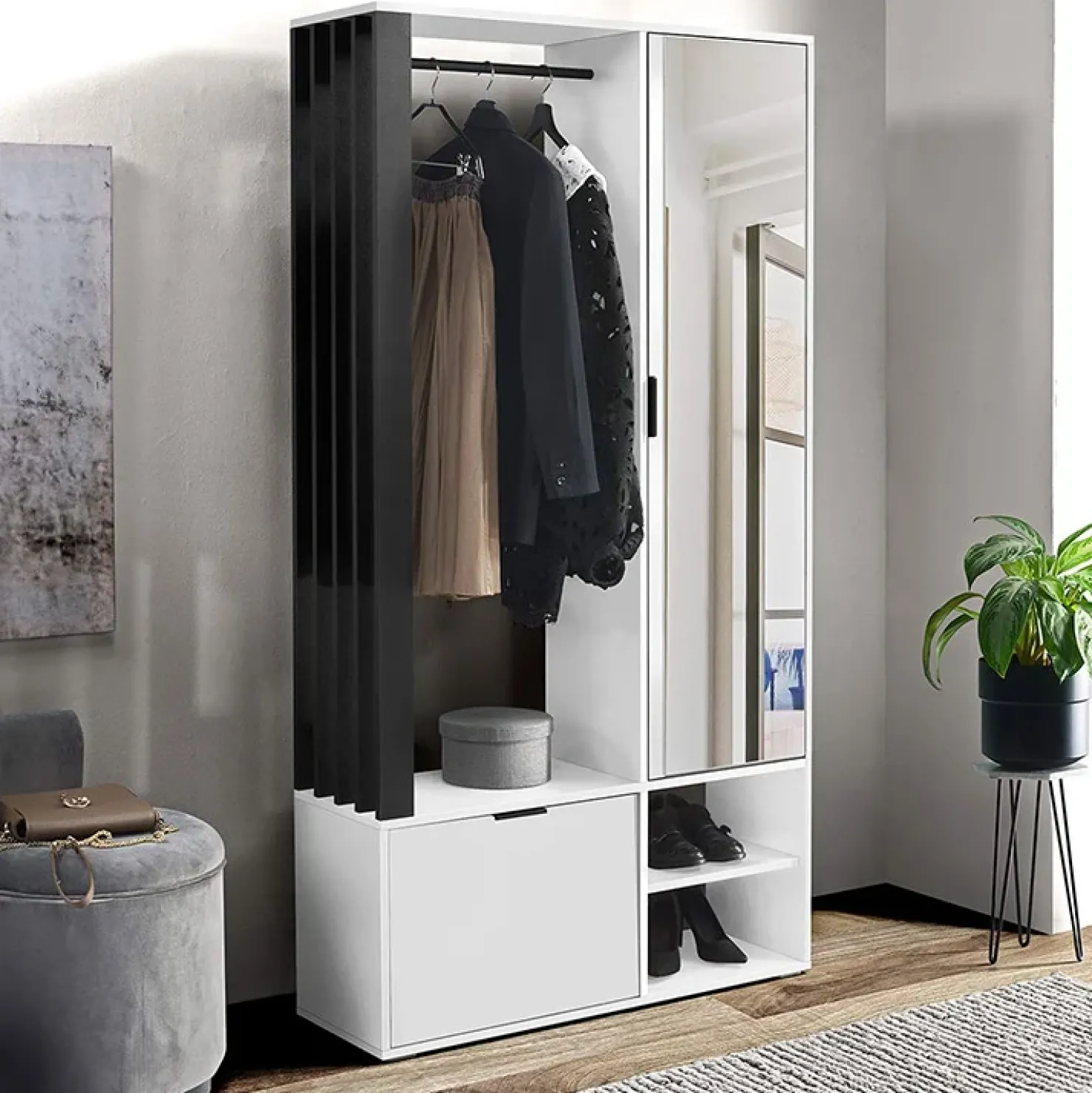 Garnero Arredamenti Mobile ingresso 100x190h cm con specchio bianco nero Umea Bianco Opaco