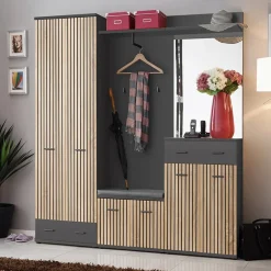 Garnero Arredamenti Mobile ingresso 180x203h cm con specchio moderno rovere antracite stampa a righe New York Gihome® Antracite - Rovere Sale