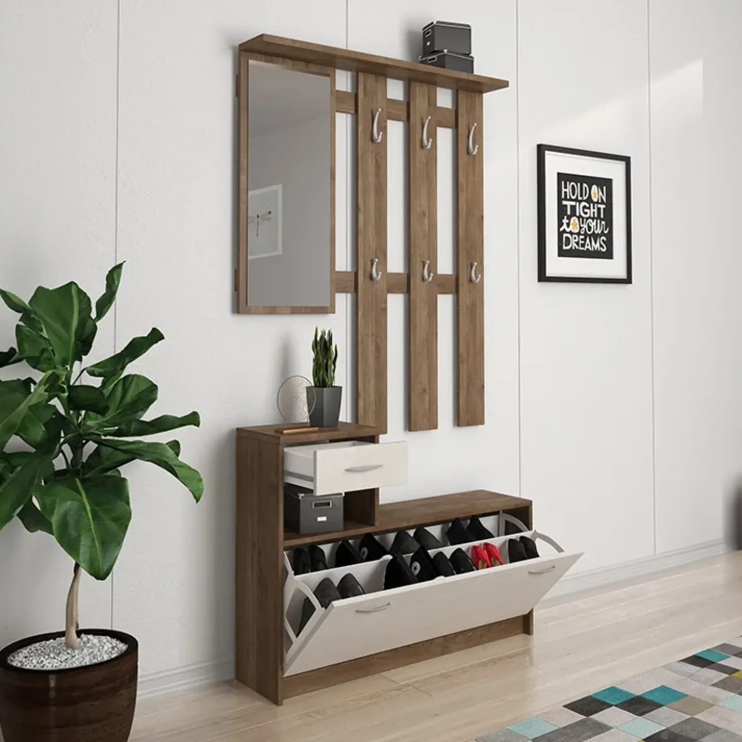 Garnero Arredamenti Mobile ingresso 100x190h cm moderno noce bianco spatolato Thomas Noce - Beige