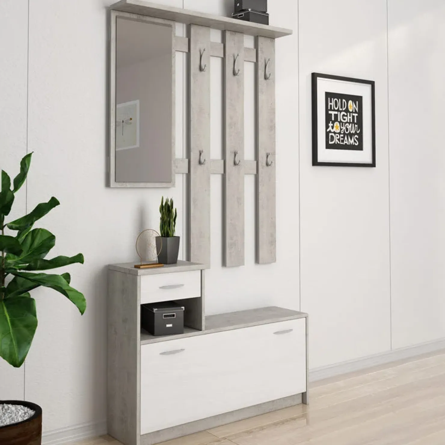 Garnero Arredamenti Mobile ingresso 100x190h cm moderno bianco frassinato cemento Thomas Bianco Frassinato - Cemento Discount