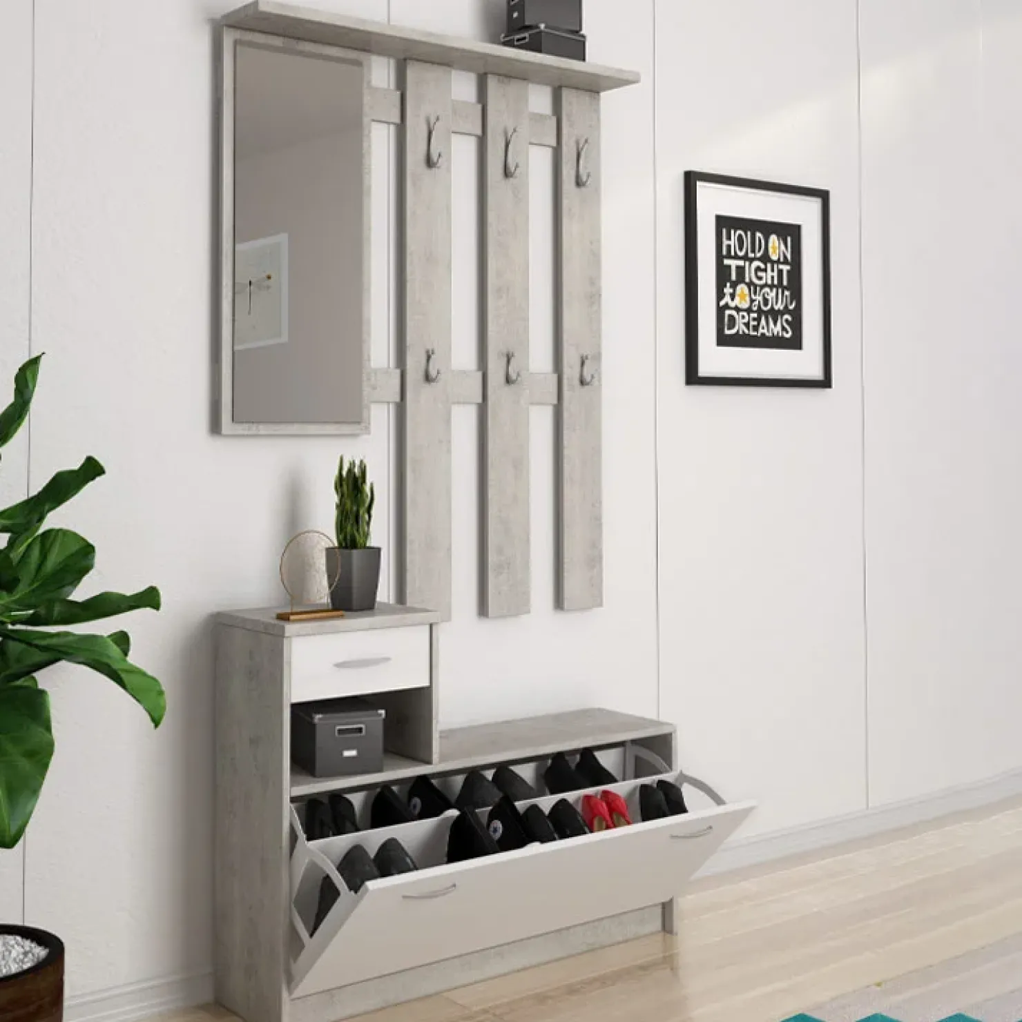 Garnero Arredamenti Mobile ingresso 100x190h cm moderno bianco frassinato cemento Thomas Bianco Frassinato - Cemento Discount