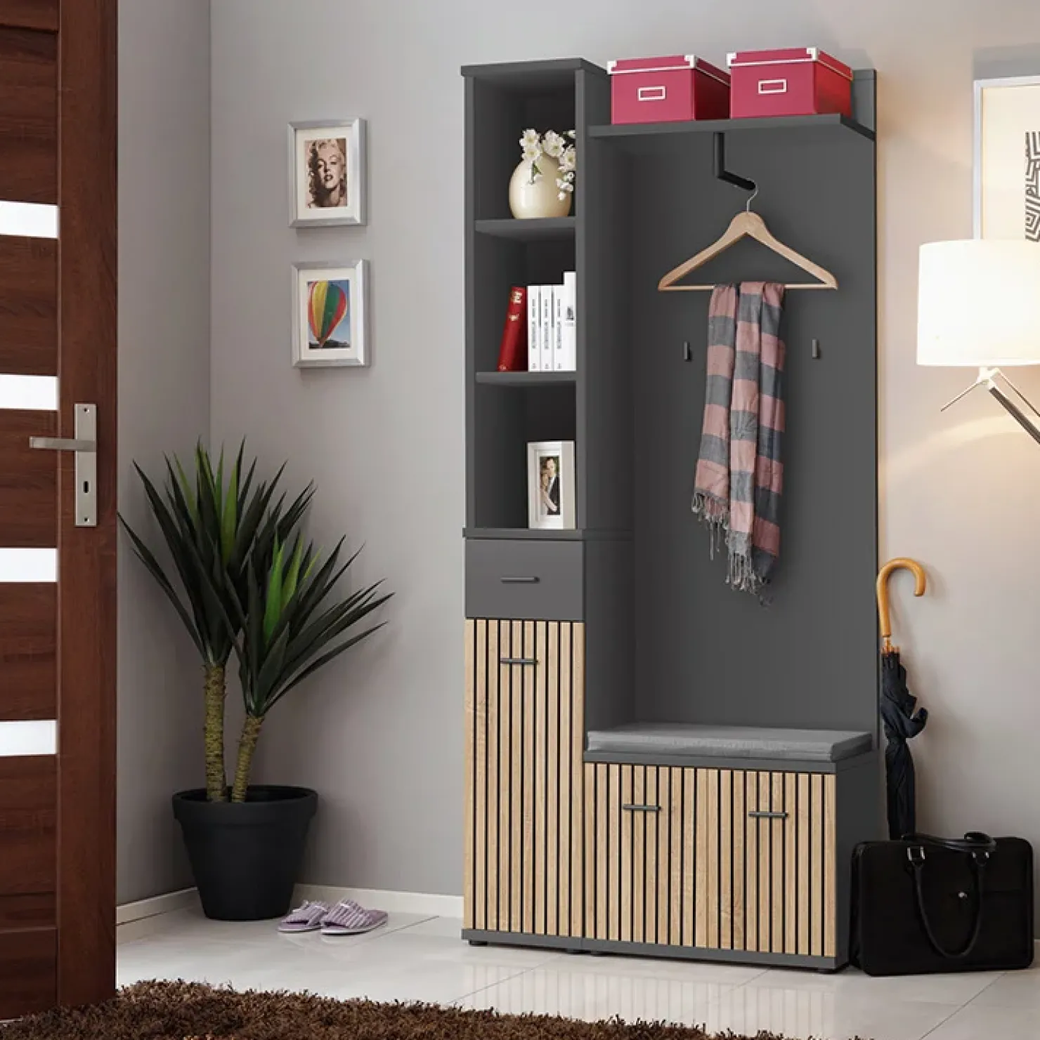 Garnero Arredamenti Mobile ingresso 90x203h cm moderno rovere antracite stampa a righe Arizona Gihome® Antracite - Rovere Online