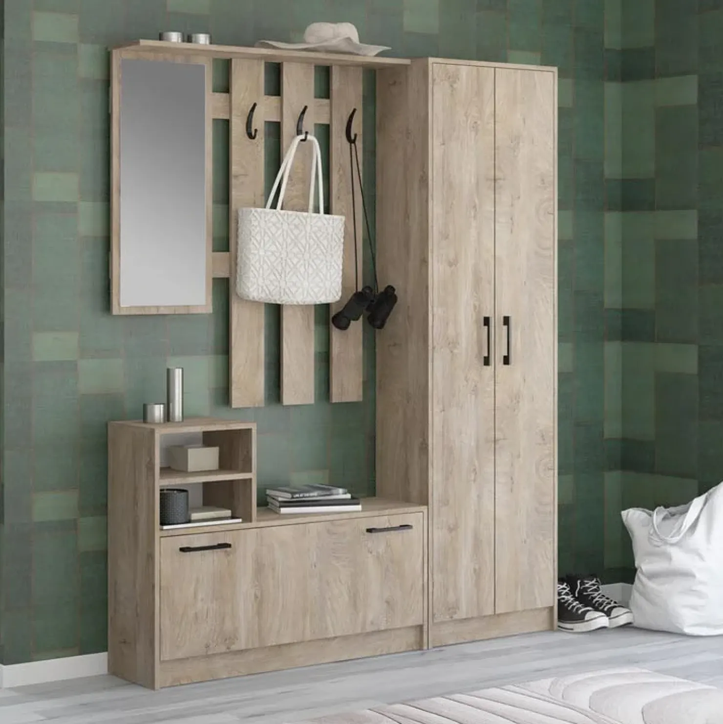 Garnero Arredamenti Mobile ingresso155x190h cm con specchio appendiabiti e scarpiera Atlanta Rovere New