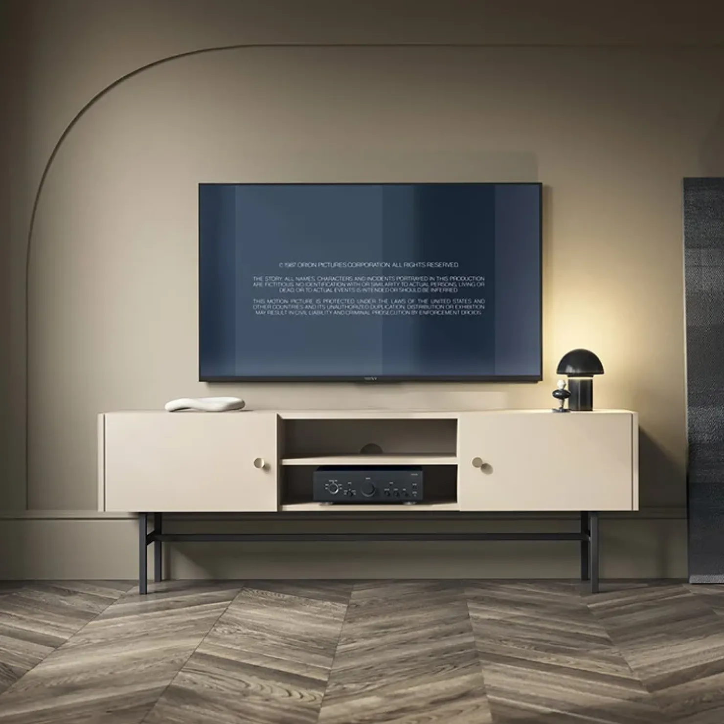 Garnero Arredamenti Mobile porta TV moderno 155x52h cm 2 ante e vani a giorno Eterna Beige