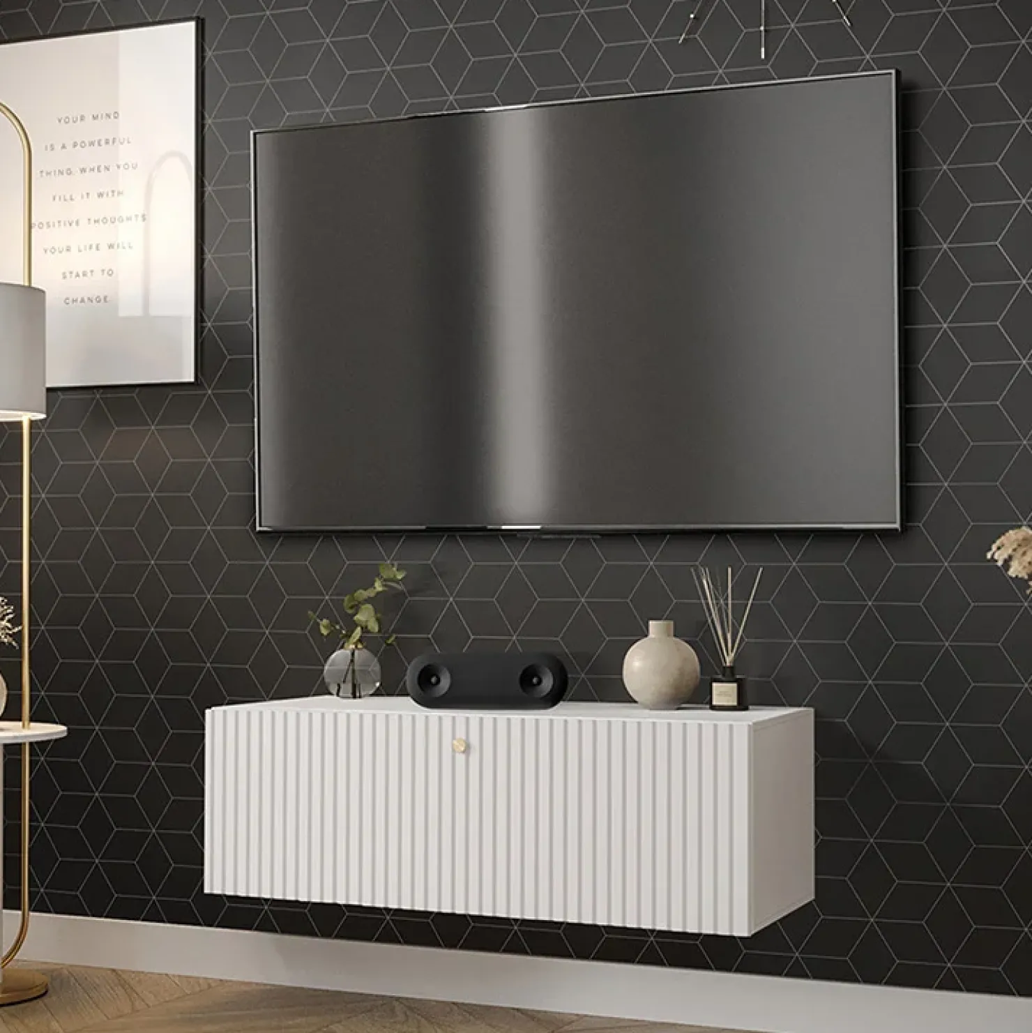 Garnero Arredamenti Mobile porta TV sospeso 100x34h cm 1 anta bianco Kiruna Bianco Opaco Best