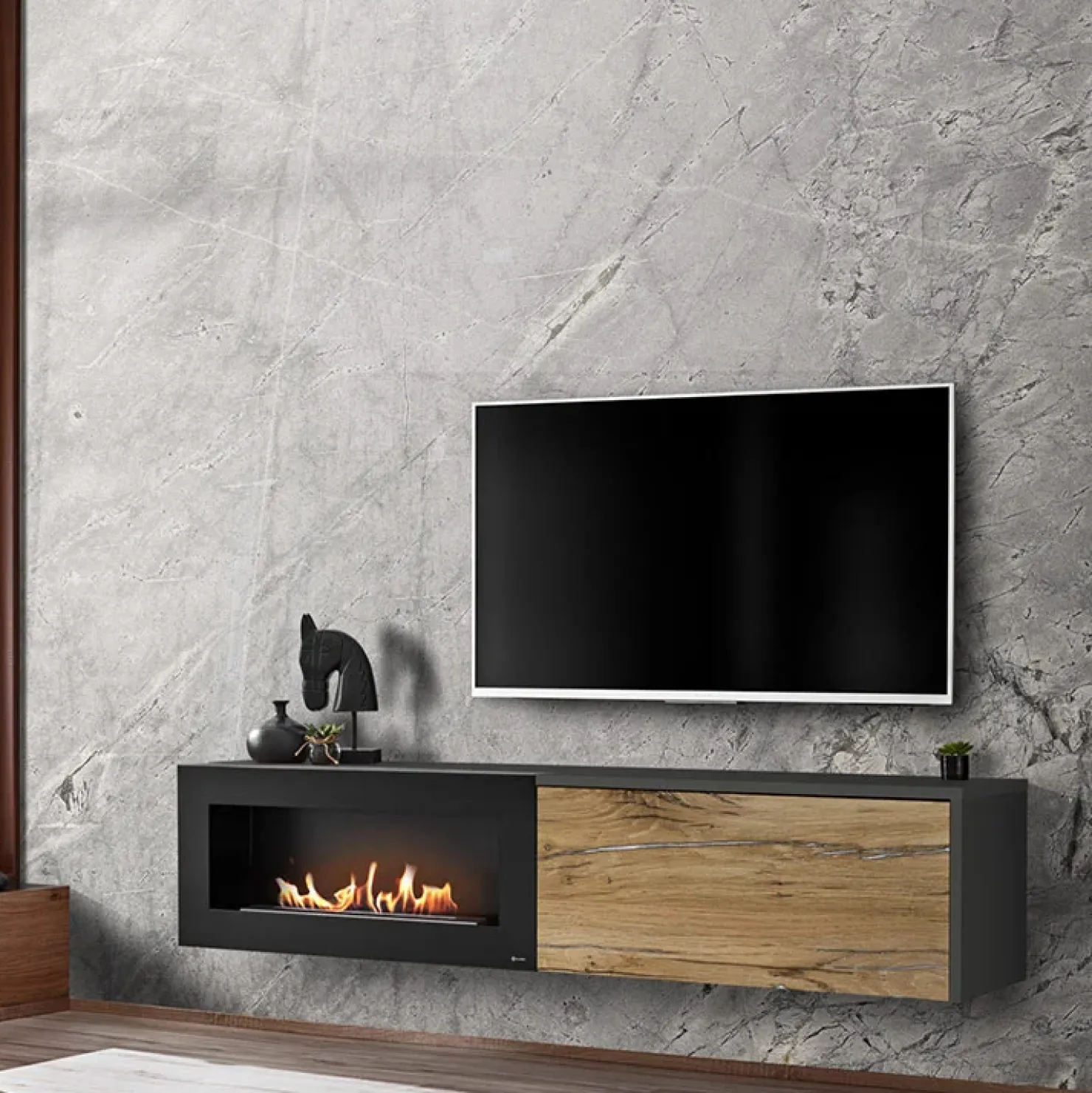 Garnero Arredamenti Mobile porta TV sospeso 180x40h cm con caminetto bioetanolo rovere antico antracite Botticelli Online