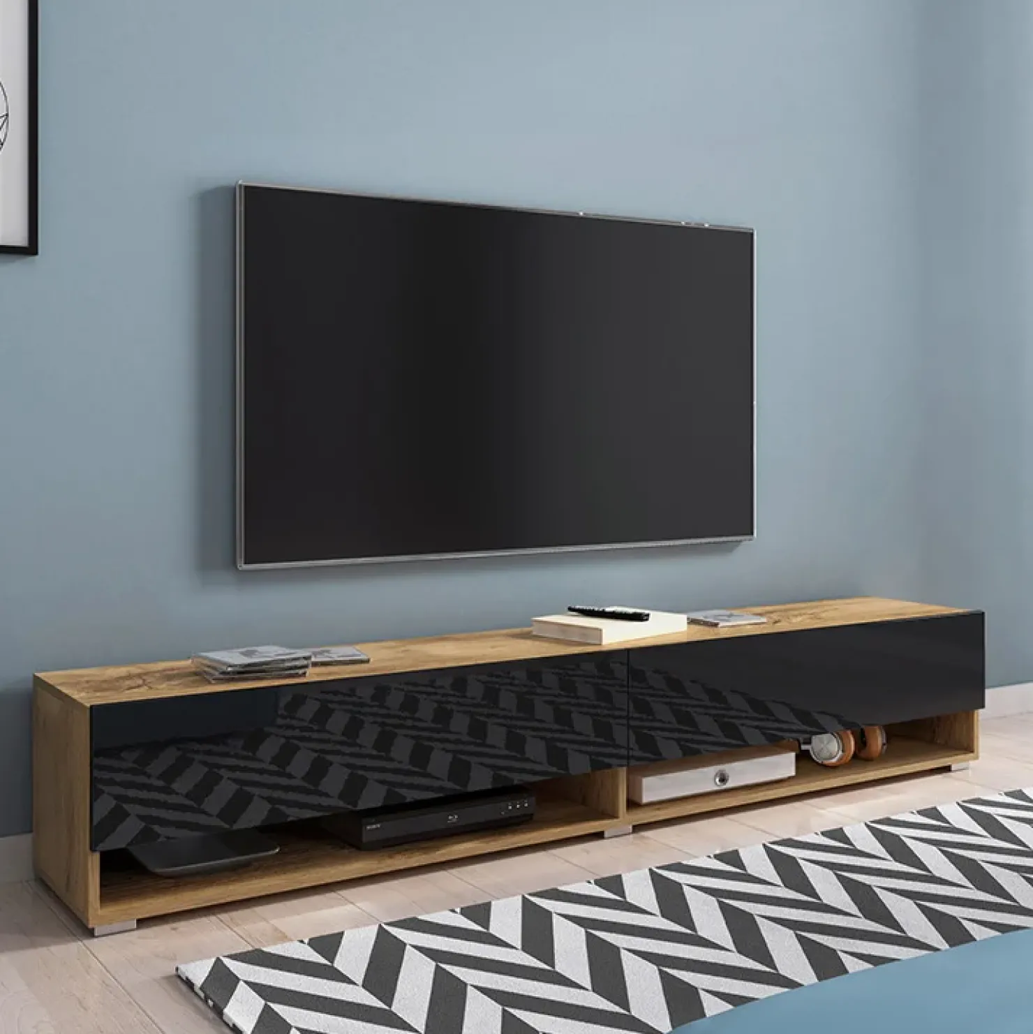 Garnero Arredamenti Mobile porta TV sospeso 180x30h cm 2 ante rovere nero Gregoria Rovere - Nero Lucido