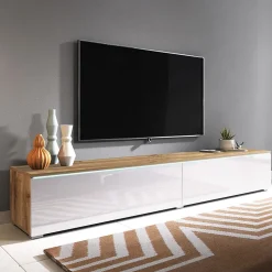 Garnero Arredamenti Mobile porta TV sospeso 180x30h cm con LED design bianco lucido rovere Silvia Bianco Lucido - Rovere Sale