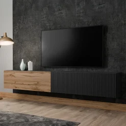 Garnero Arredamenti Mobile porta TV sospeso 200x31h cm 2 ante a ribalta nero opaco rovere wotan Mirel Nero Opaco - Rovere Online